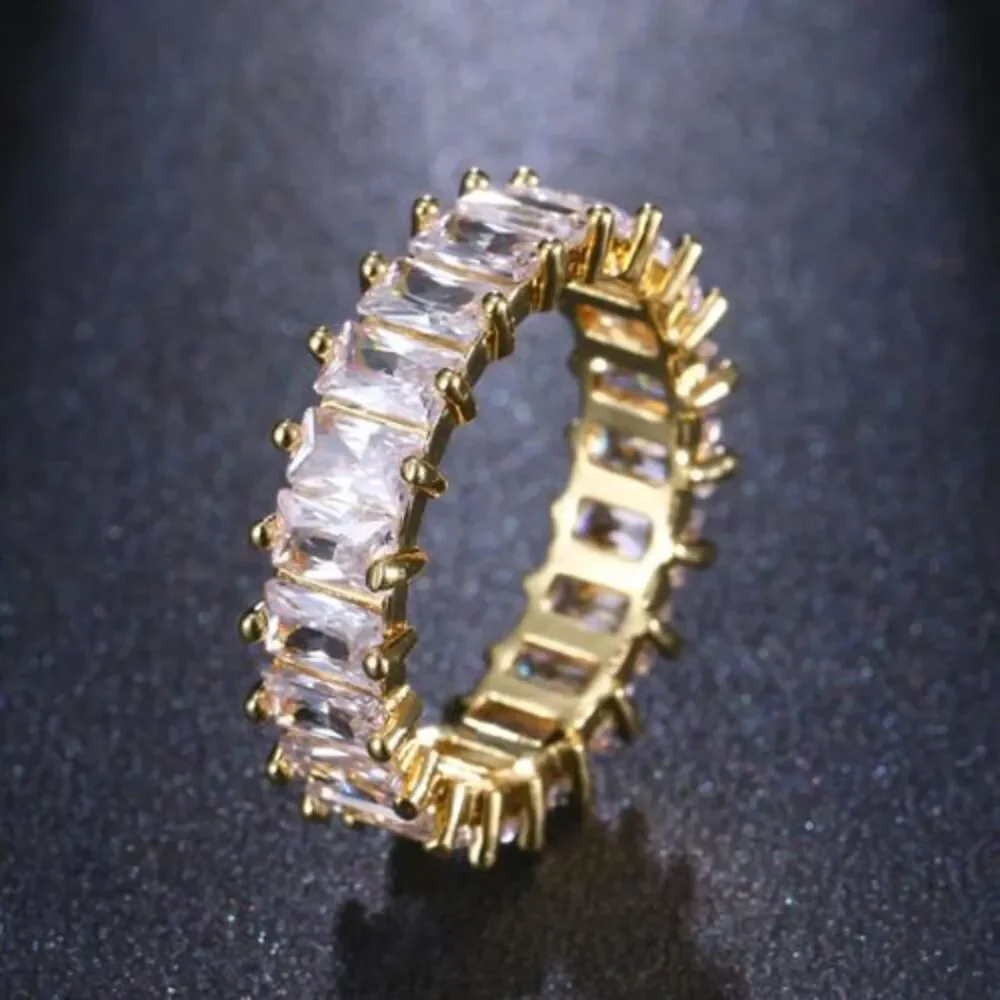 Yellow Gold Plated Eternity Ring Size 6.5 Wide Band Cubic Zirconia Baguettes